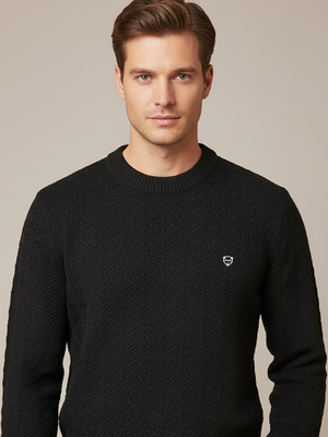AIN6 Self Design Round Neck Casual Men Black Sweater
