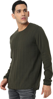 Spykar Printed Round Neck Casual Men Green Sweater
