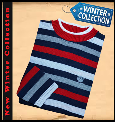 Marc Laurent Striped Round Neck Casual Men Blue Sweater