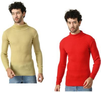 IndiWeaves Solid High Neck Casual Men Beige, Red Sweater