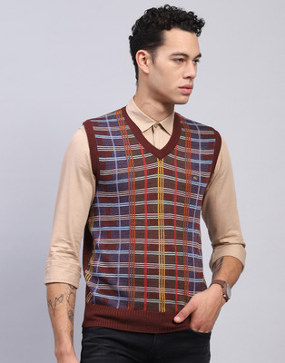 MONTE CARLO Self Design V Neck Casual Men Maroon Sweater