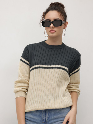 Roadster Colorblock Round Neck Casual Women Beige Sweater