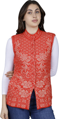 Chattanya Printed Round Neck Casual Women Red Sweater