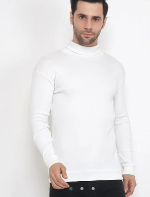 Rivaem Solid High Neck Casual Men White Sweater