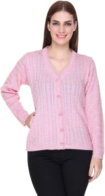 NITSLINE Self Design V Neck Casual Women Pink Sweater