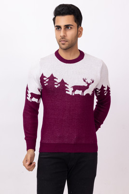 RUDRAKSH Self Design Round Neck Casual Men Maroon, White Sweater