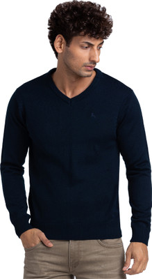 PARX Solid V Neck Casual Men Blue Sweater