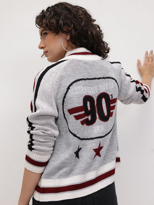 Roadster Self Design Round Neck Casual Women Grey Sweater