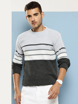 Roadster Striped Round Neck Casual Men Grey Sweater