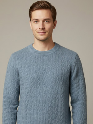 Merriment Self Design Round Neck Casual Men Blue Sweater