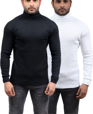 NATRIS Solid High Neck Casual Men Black, White Sweater