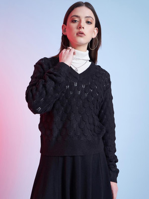 STREET9 Solid Round Neck Casual Women Black Sweater