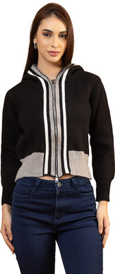 GFO Printed Hooded Neck Casual Women Black Sweater