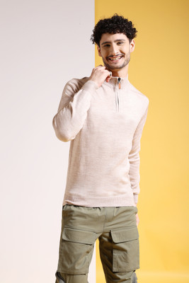 The Indian Garage Co. Solid High Neck Casual Men Beige Sweater