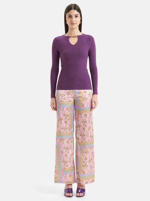 KAZO Solid Round Neck Casual Women Purple Sweater