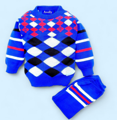 Avelly Printed Round Neck Casual Baby Boys Blue Sweater