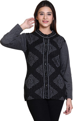 Grand Line Geometric Print Round Neck Casual Women Grey Sweater