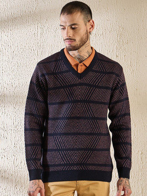 Pivl Self Design V Neck Casual Men Dark Blue Sweater