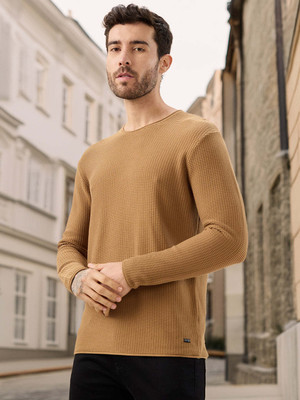 Status Quo Solid, Self Design Round Neck Casual Men Brown Sweater