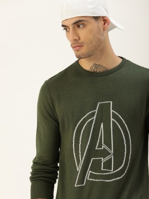 Kook N Keech Marvel Self Design Round Neck Casual Men Green Sweater