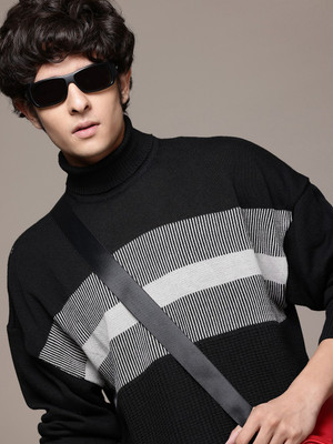 Roadster Striped Turtle Neck Casual Men Black Sweater