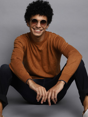 V-MART Self Design Round Neck Casual Men Brown Sweater