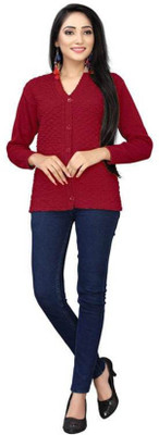 Shunit creation Self Design V Neck Lounge Wear Women Maroon Sweater