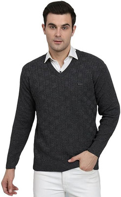 MUSKAN KNITWEAR Self Design V Neck Casual Men Blue Sweater