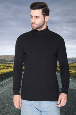 jorden4u Solid, Self Design Turtle Neck Casual Men Black Sweater