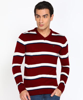 PETER ENGLAND Striped V Neck Casual Men Red Sweater