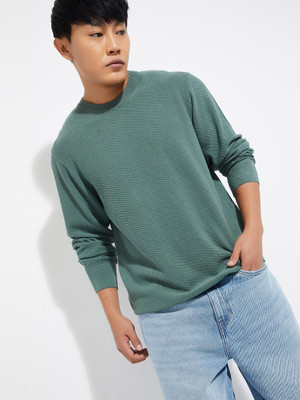 MAX Self Design Round Neck Casual Men Green Sweater