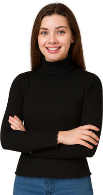 Mangeet Originals Solid High Neck Casual Women Black Sweater