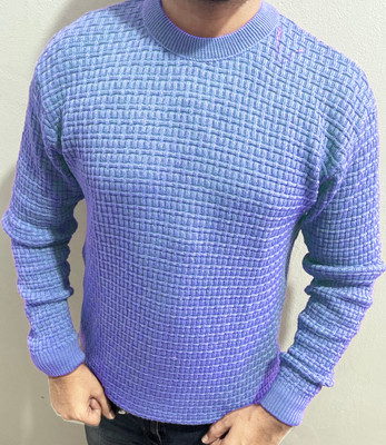 FASHLOOK Solid Round Neck Casual Men Blue Sweater