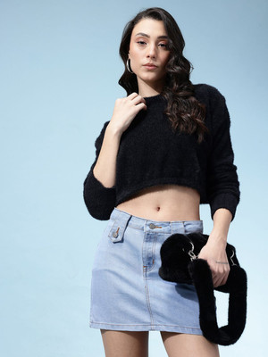 Glitchez Solid Round Neck Casual Women Black Sweater