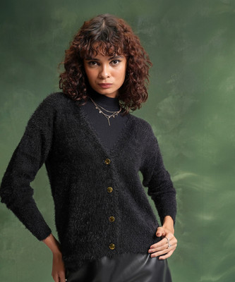 Tokyo Talkies Self Design V Neck Casual Women Black Sweater