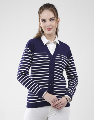 MONTE CARLO Striped V Neck Casual Women Blue Sweater