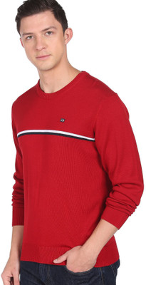 Arrow Sport Striped Round Neck Casual Men Red Sweater