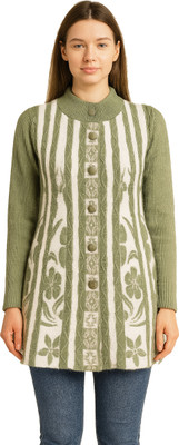 manra Self Design Round Neck Casual Women Green Sweater