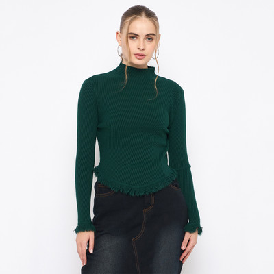 MADAME Solid Round Neck Casual Women Green Sweater