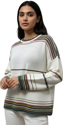NOQUO Striped Round Neck Casual Women White Sweater