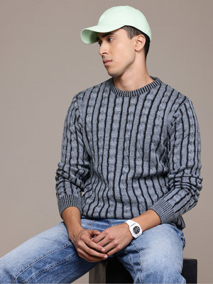 Roadster Striped Round Neck Casual Men Blue, Grey Sweater