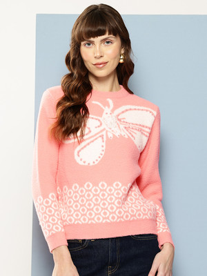 Roadster Solid Round Neck Casual Women Orange Sweater