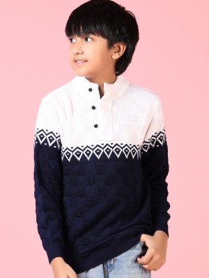 V-MART Self Design Collared Neck Casual Boys Blue Sweater