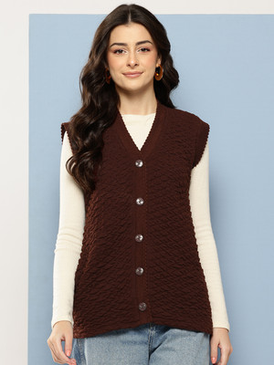 MUHURATAM Solid V Neck Casual Women Brown Sweater