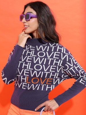 Tokyo Talkies Printed High Neck Casual Women Purple Sweater