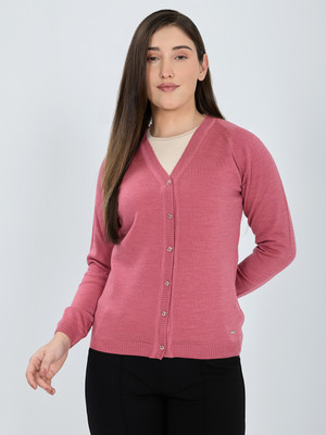 MONTE CARLO Solid V Neck Casual Women Pink Sweater