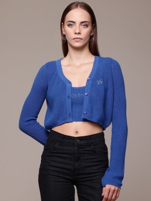 bebe Self Design Square Neck Casual Women Blue Sweater