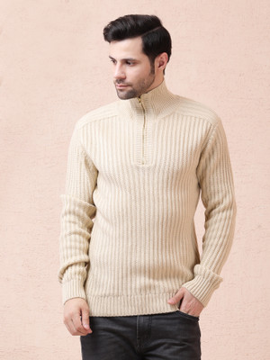 NOQUO Solid Turtle Neck Casual Men Beige Sweater