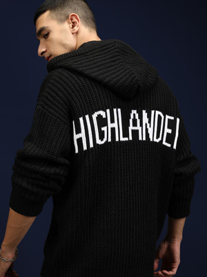 HIGHLANDER Self Design Hooded Neck Casual Men Black Sweater