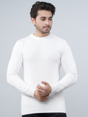 FEVERFEW Self Design Round Neck Casual Men White Sweater